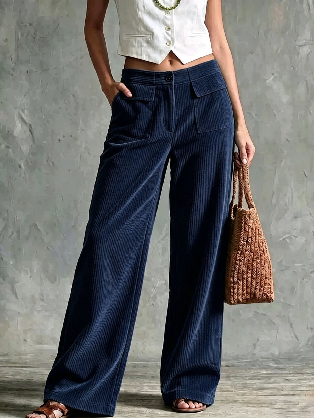 Cordhose mit weitem Bein und Pattentaschen für Damen
