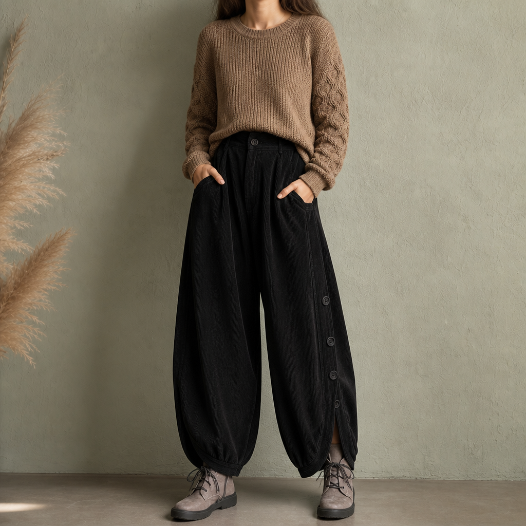 Cordhose mit Ballonbein und Zierknöpfen für Damen