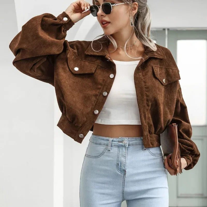 Cordjacke mit Kurzschnitt und Umlegekragen für Damen