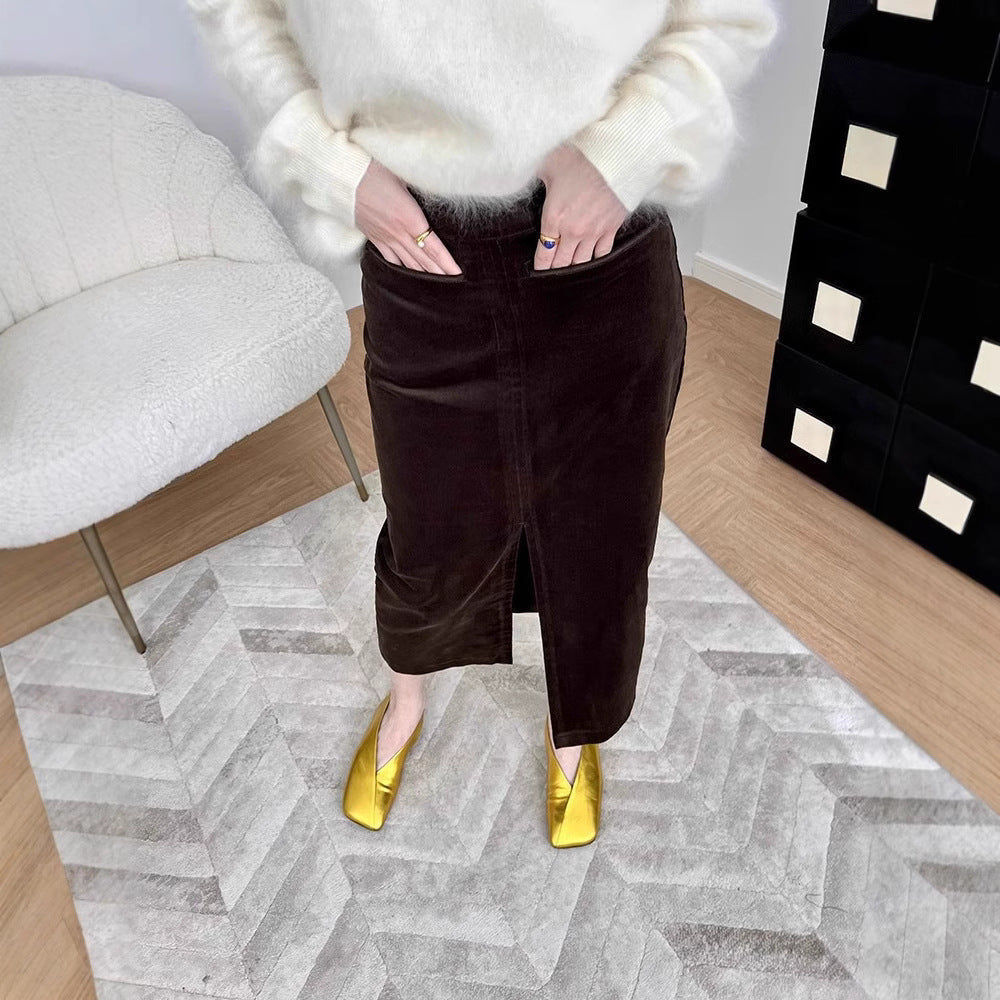 Cordrock mit hoher Taille und mittigem Schlitz für Damen