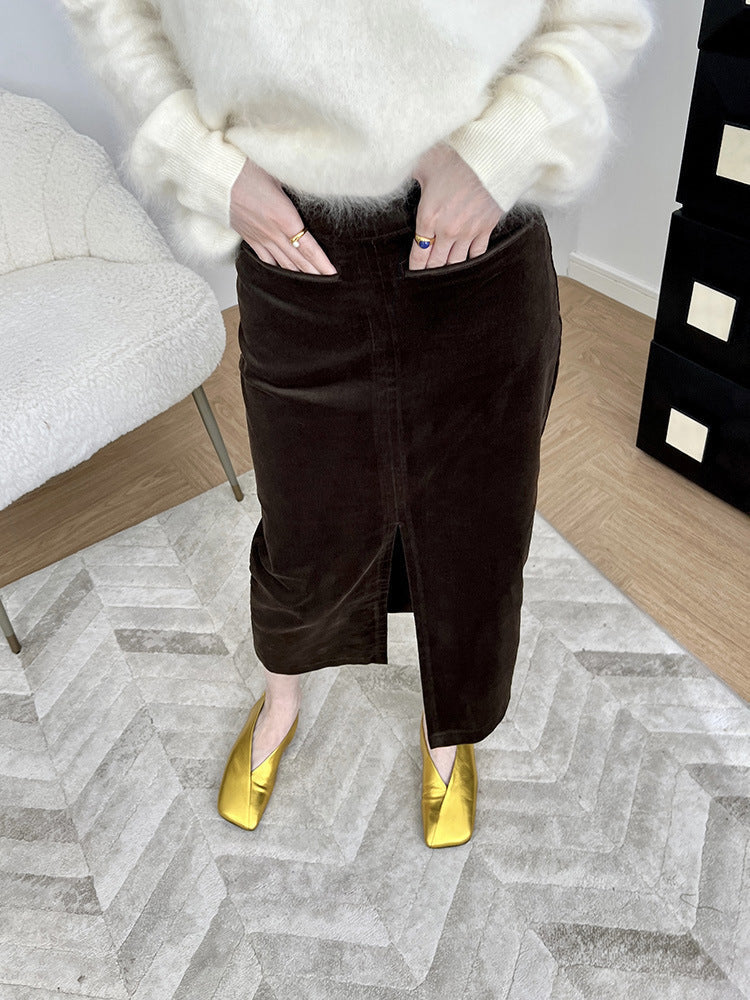 Cordrock mit hoher Taille und mittigem Schlitz für Damen
