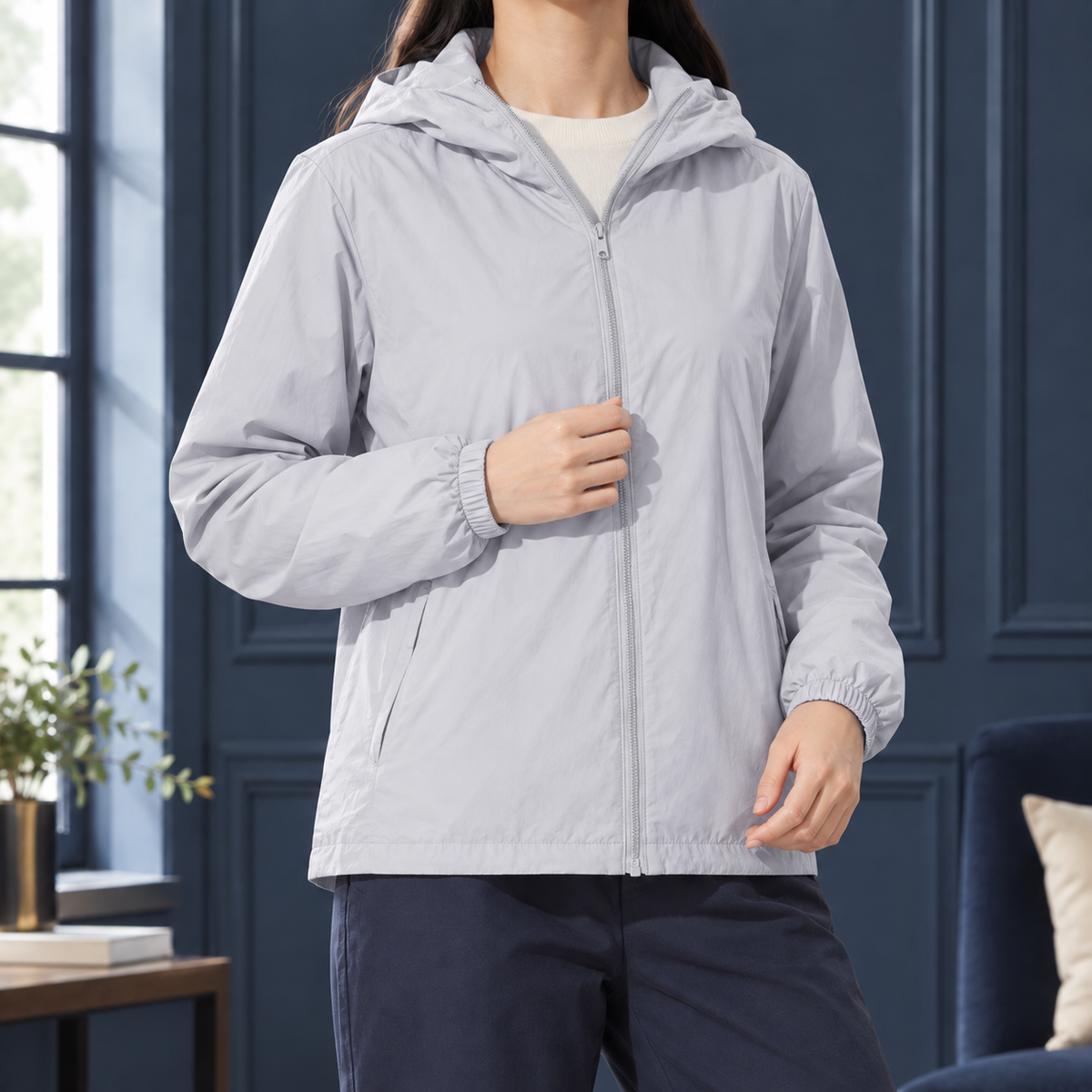 Daunenjacke mit Reißverschluss und Kapuze für Damen