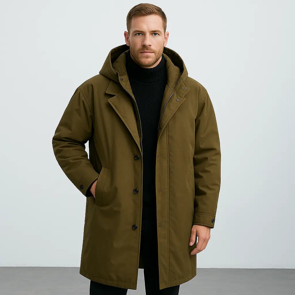 Wintermantel im Trenchcoat-Look mit Kapuze für Herren - Armeegrün
