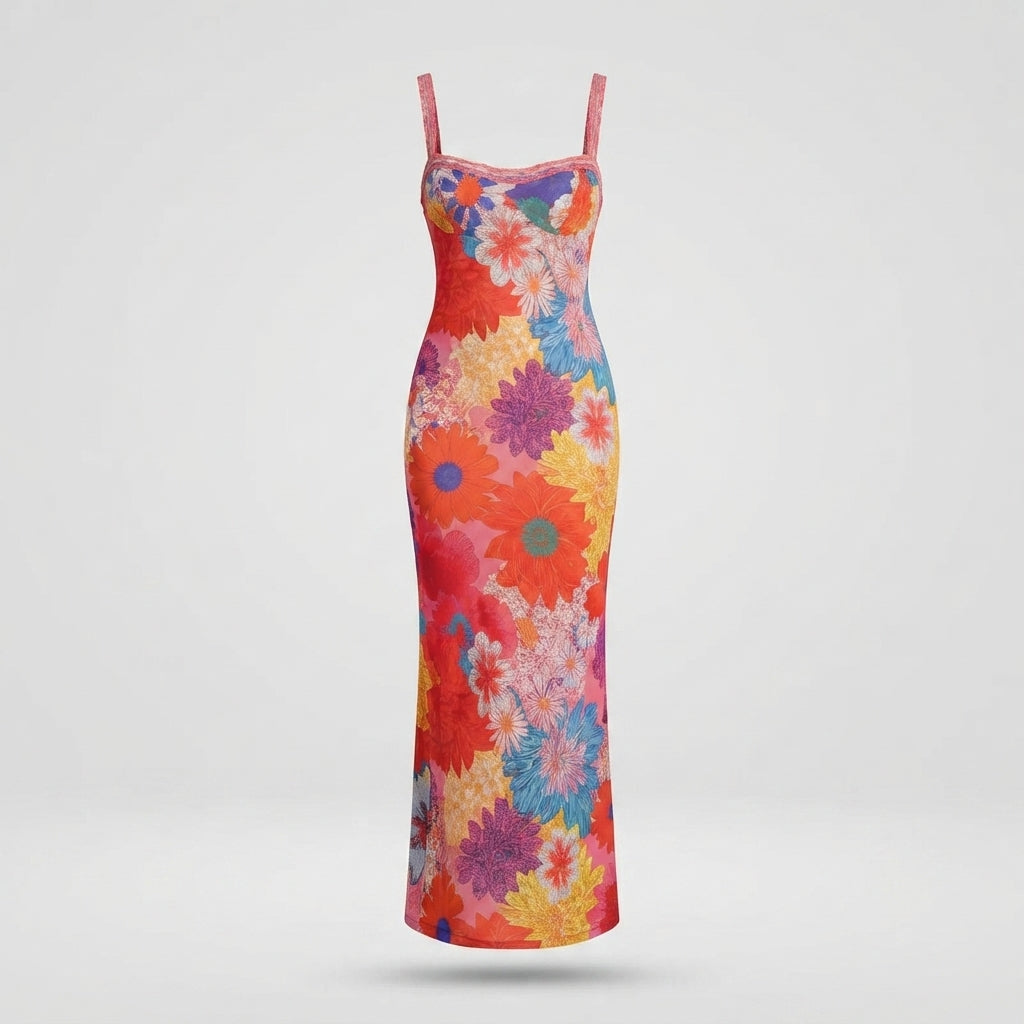 Dress with Bold Floral Print and Straight Midi Hem