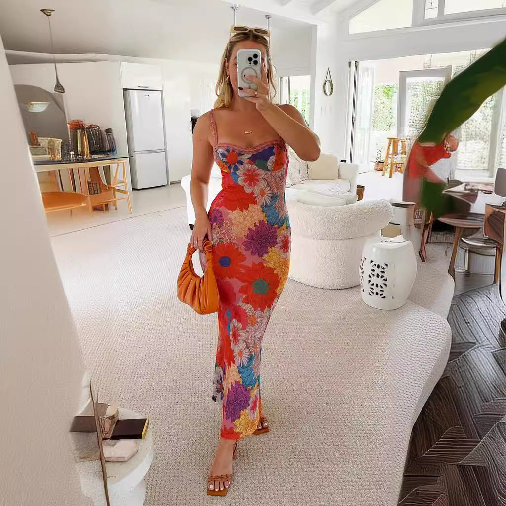 Dress with Bold Floral Print and Straight Midi Hem