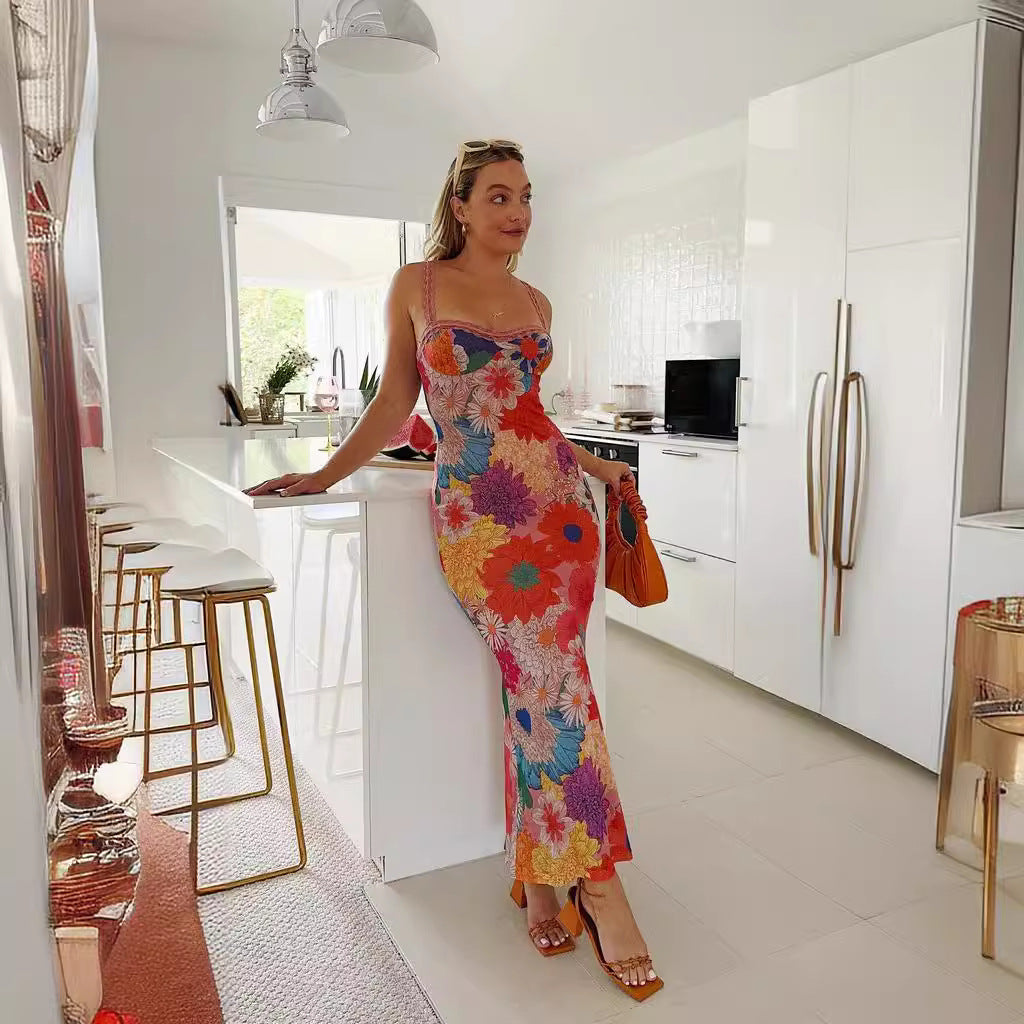 Dress with Bold Floral Print and Straight Midi Hem