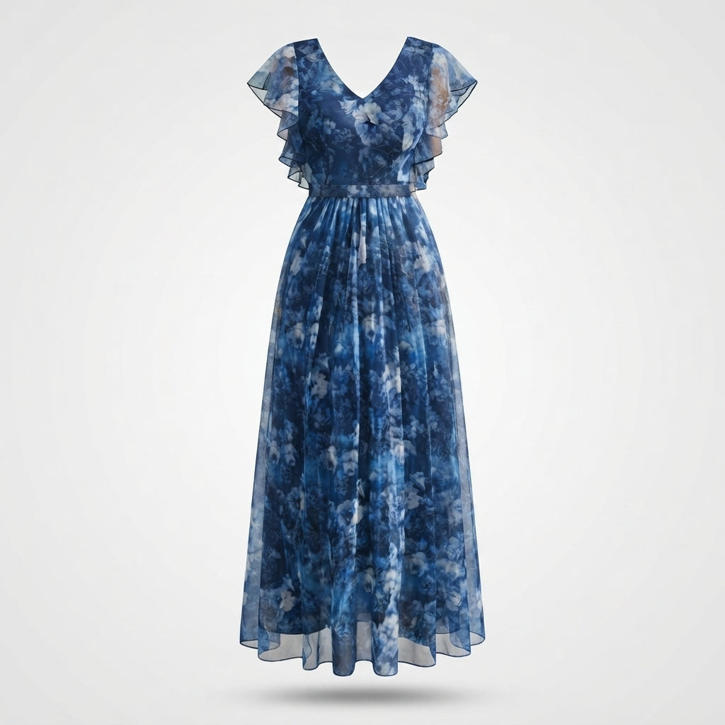 Dress with Floral Overlay and Flutter Sleeve Detail