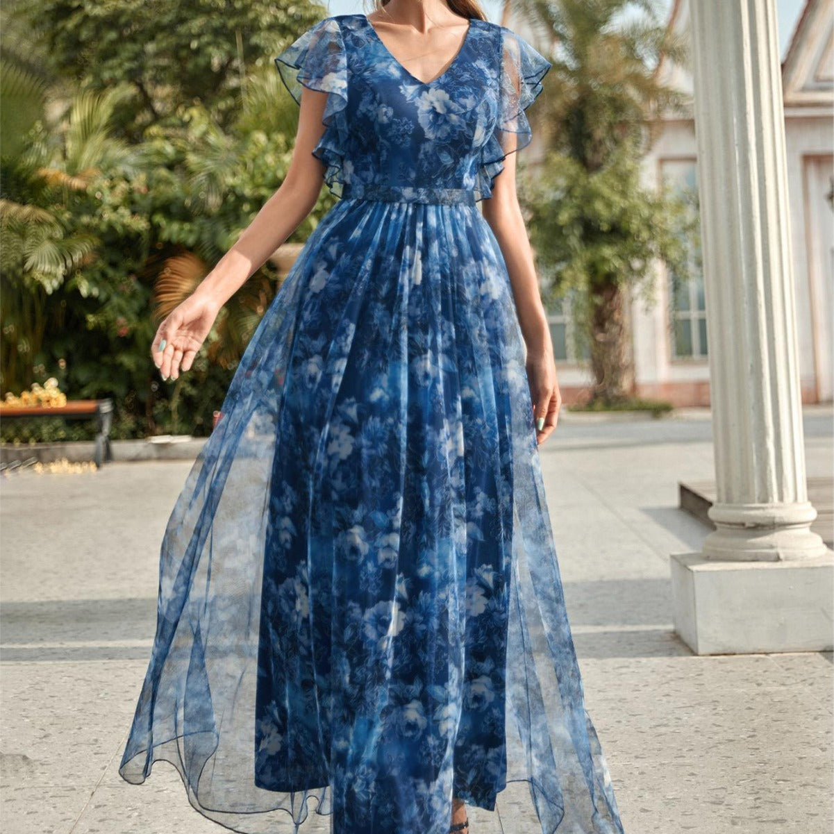 Dress with Floral Overlay and Flutter Sleeve Detail