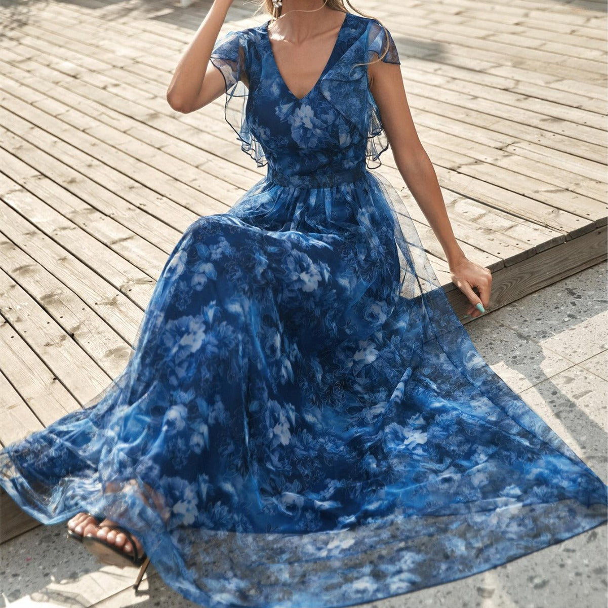 Dress with Floral Overlay and Flutter Sleeve Detail