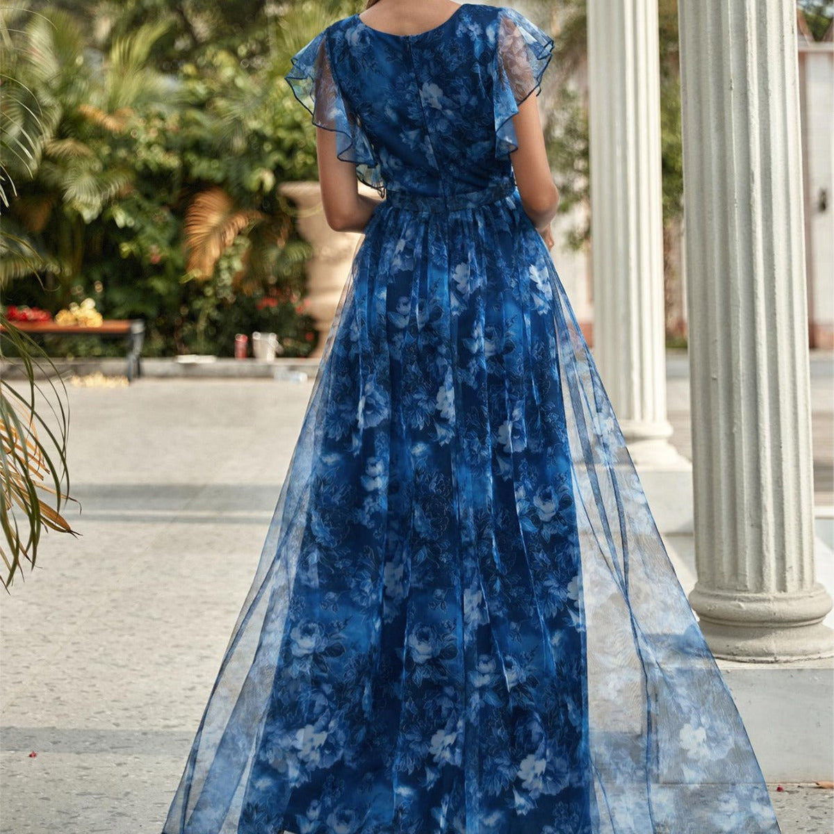 Dress with Floral Overlay and Flutter Sleeve Detail