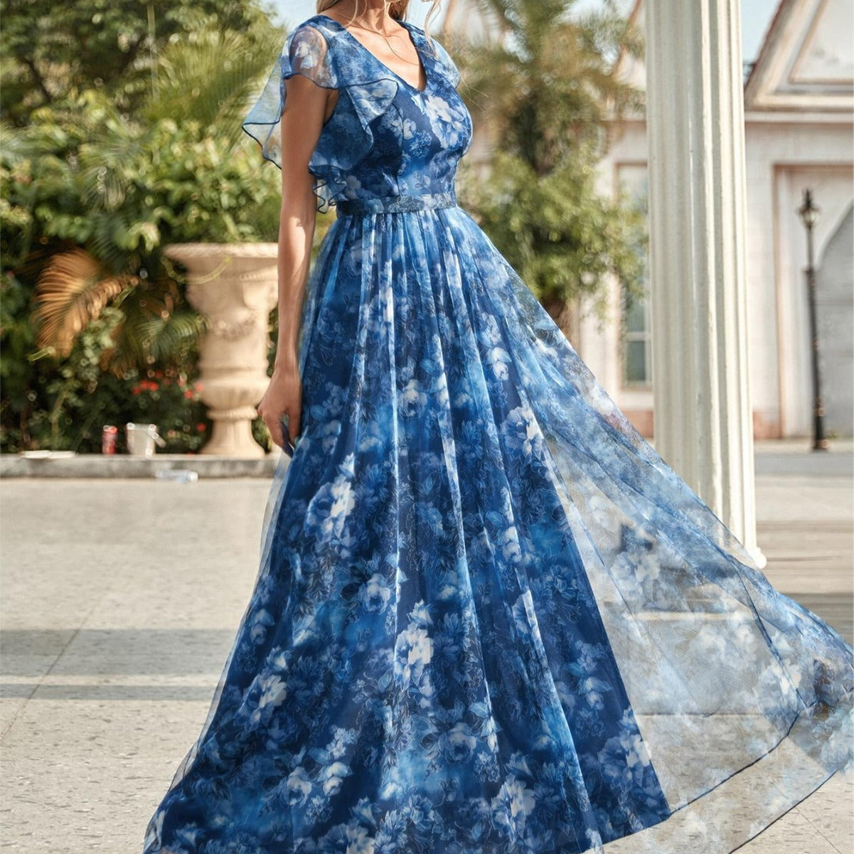Dress with Floral Overlay and Flutter Sleeve Detail