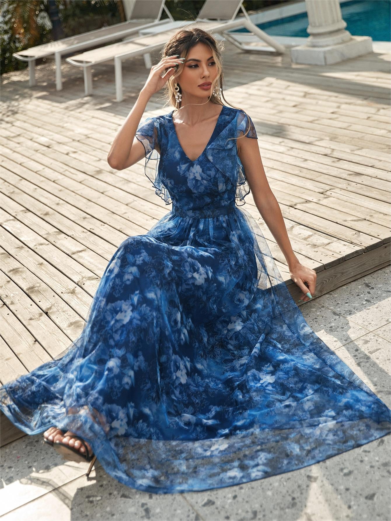 Dress with Floral Overlay and Flutter Sleeve Detail