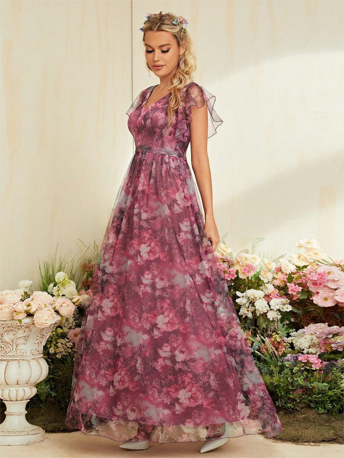Dress with Floral Overlay and Flutter Sleeve Detail - Multicolor