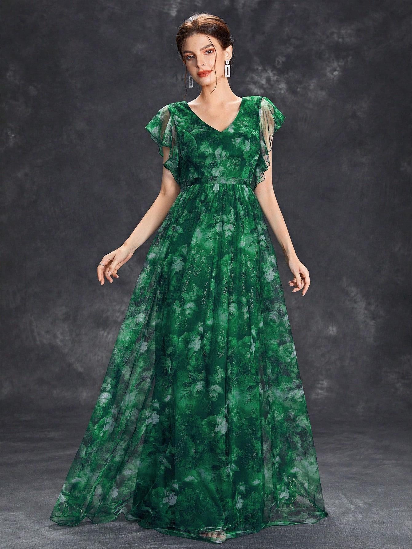 Dress with Floral Overlay and Flutter Sleeve Detail - Dark Green