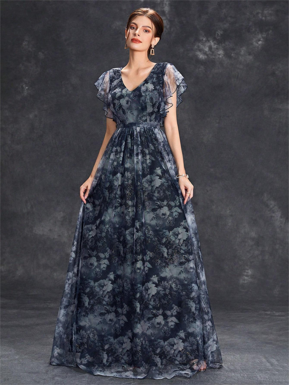 Dress with Floral Overlay and Flutter Sleeve Detail - Black