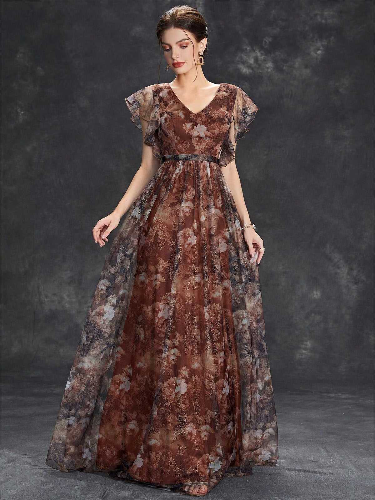 Dress with Floral Overlay and Flutter Sleeve Detail - Light Brown