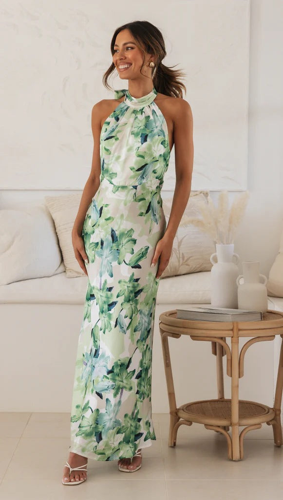 Dress with Floral Print and High Halter Neckline - Light Green