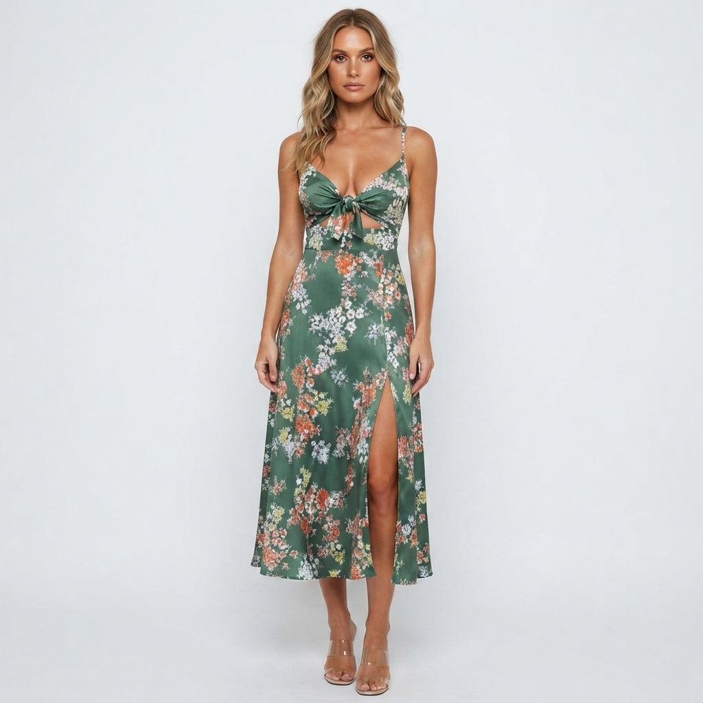 Dress with Floral Print, Gathered Bodice and Side Slit - Green