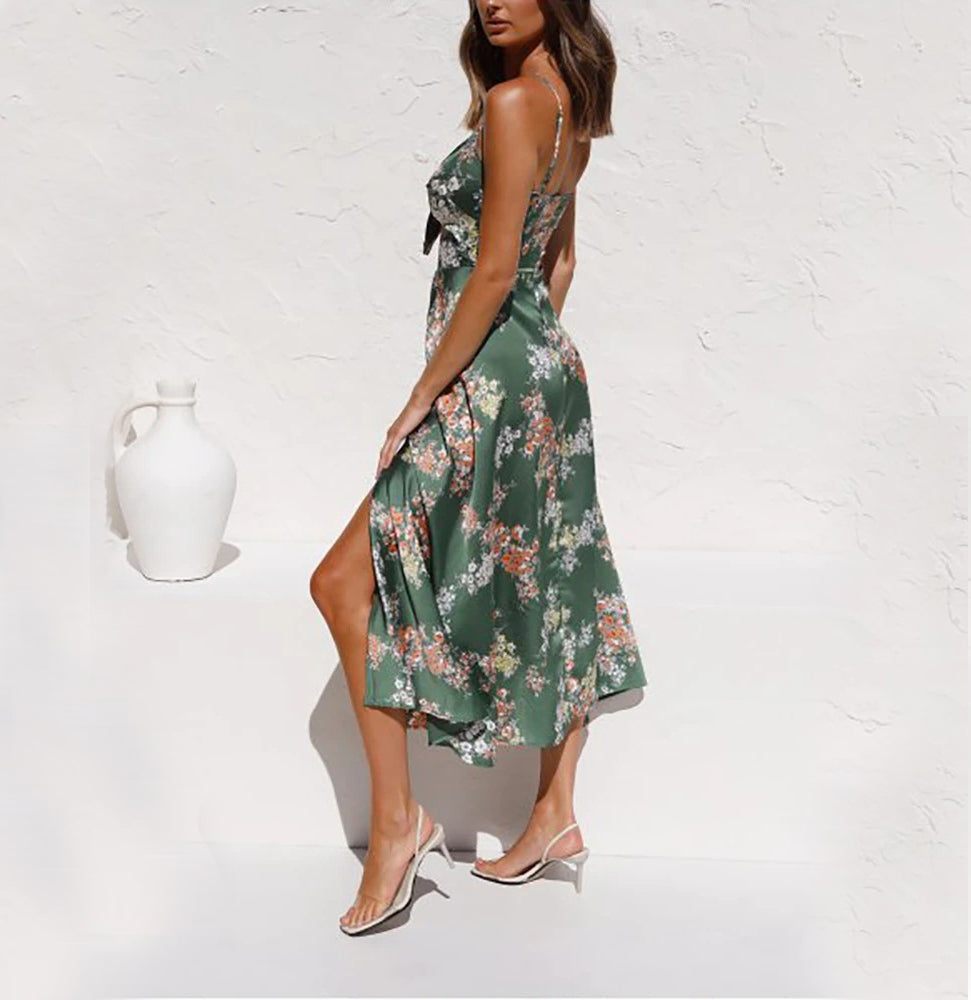 Dress with Floral Print, Gathered Bodice and Side Slit