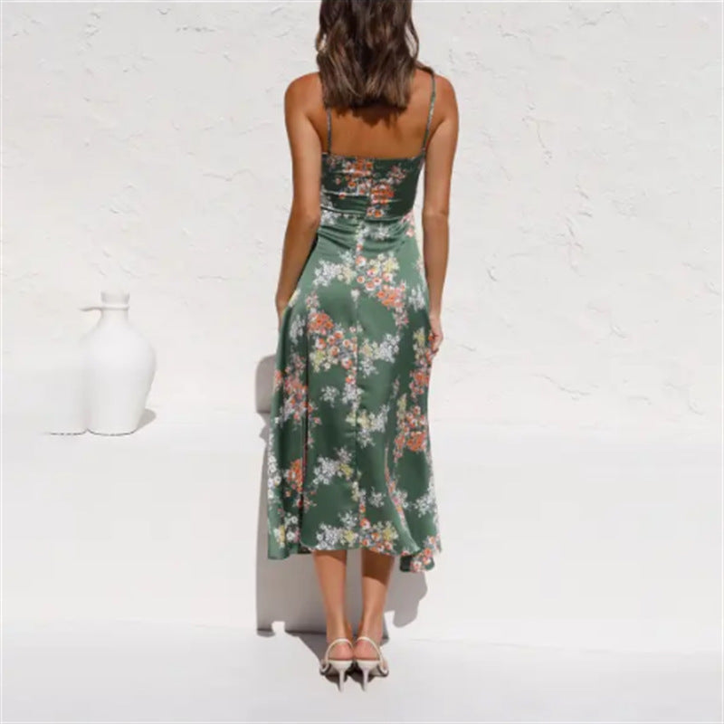 Dress with Floral Print, Gathered Bodice and Side Slit