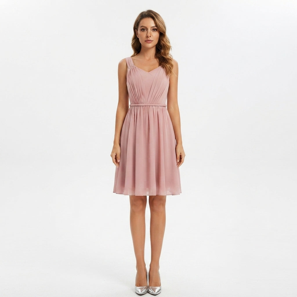 Dress with Gathered Bodice and Flared Knee-Length Skirt - A