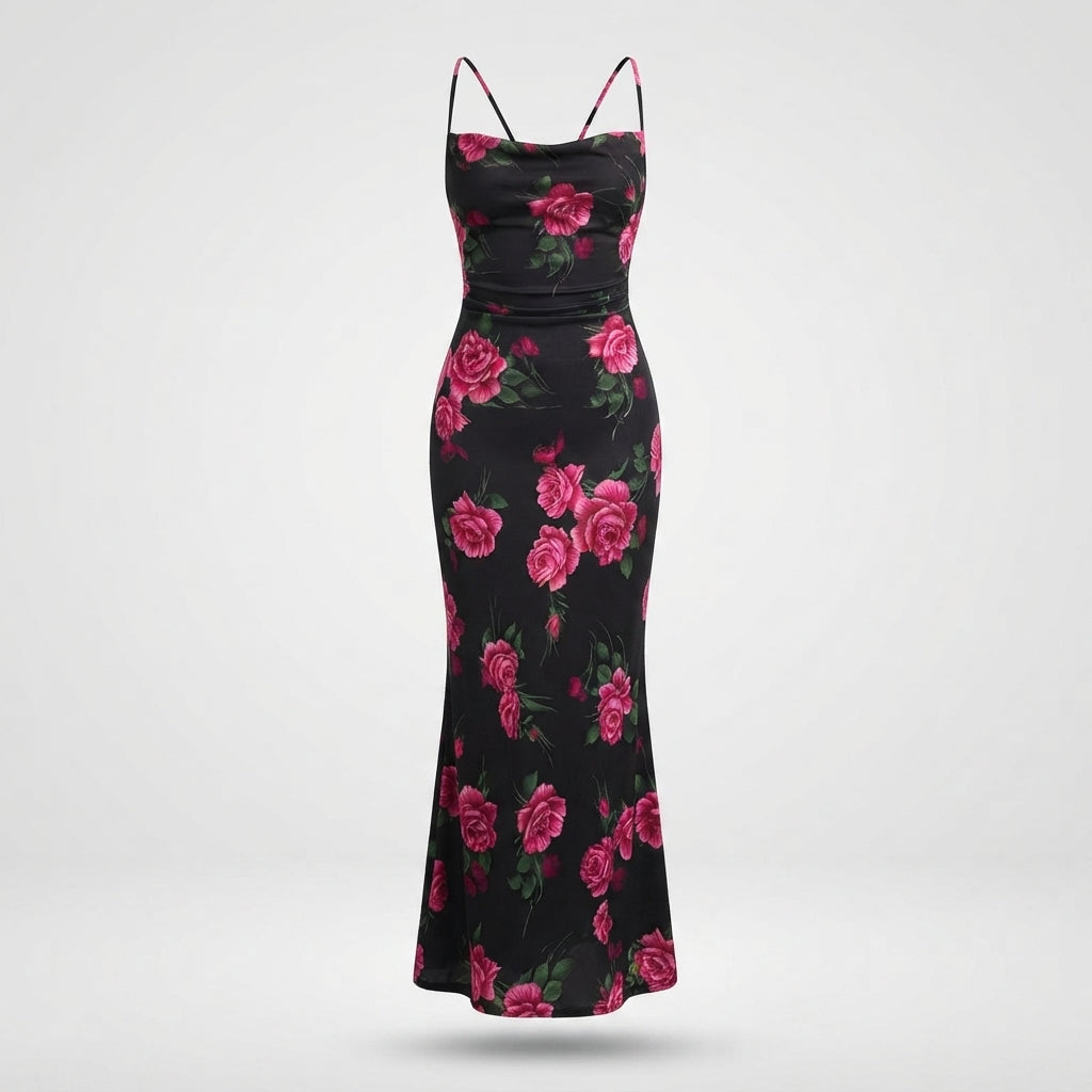 Dress with Rose Print and Straight Strapless Neckline