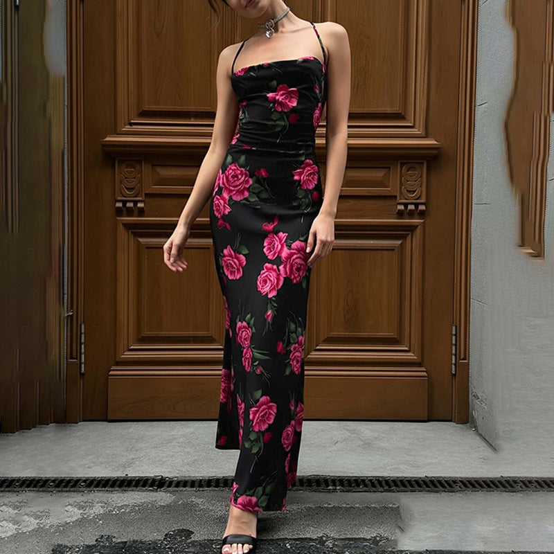 Dress with Rose Print and Straight Strapless Neckline