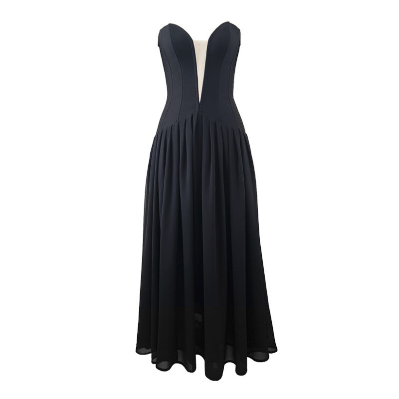Dress with Strapless Deep Notch Bodice and Long Skirt
