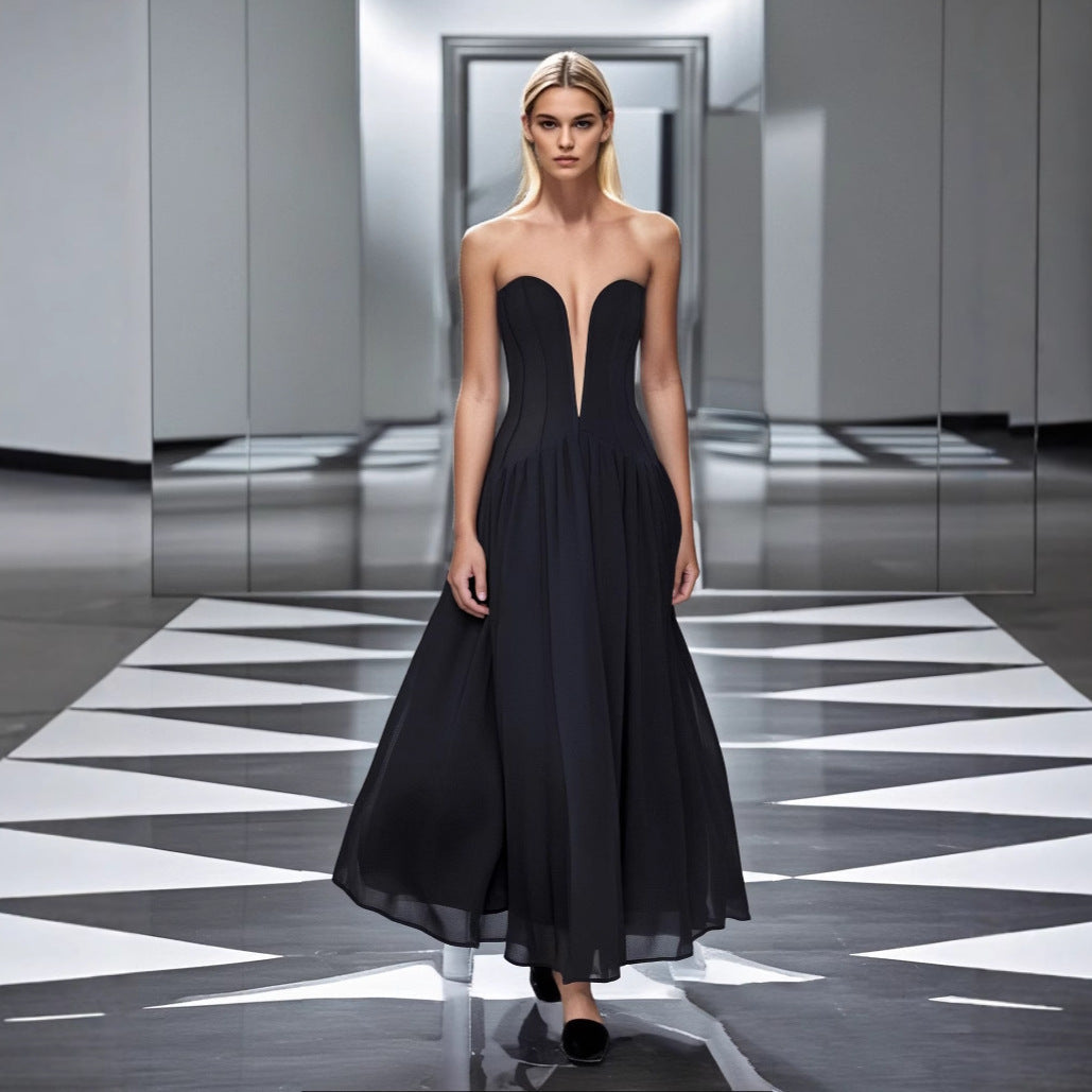 Dress with Strapless Deep Notch Bodice and Long Skirt