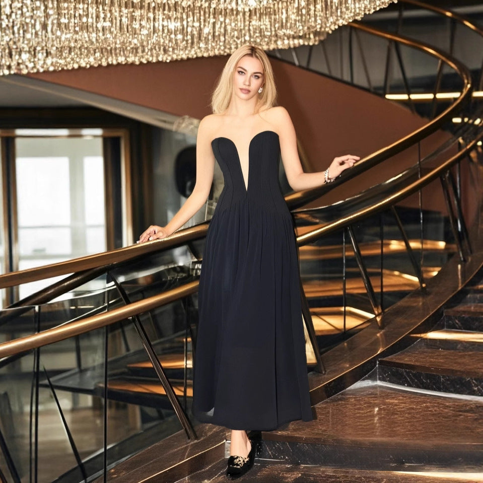 Dress with Strapless Deep Notch Bodice and Long Skirt