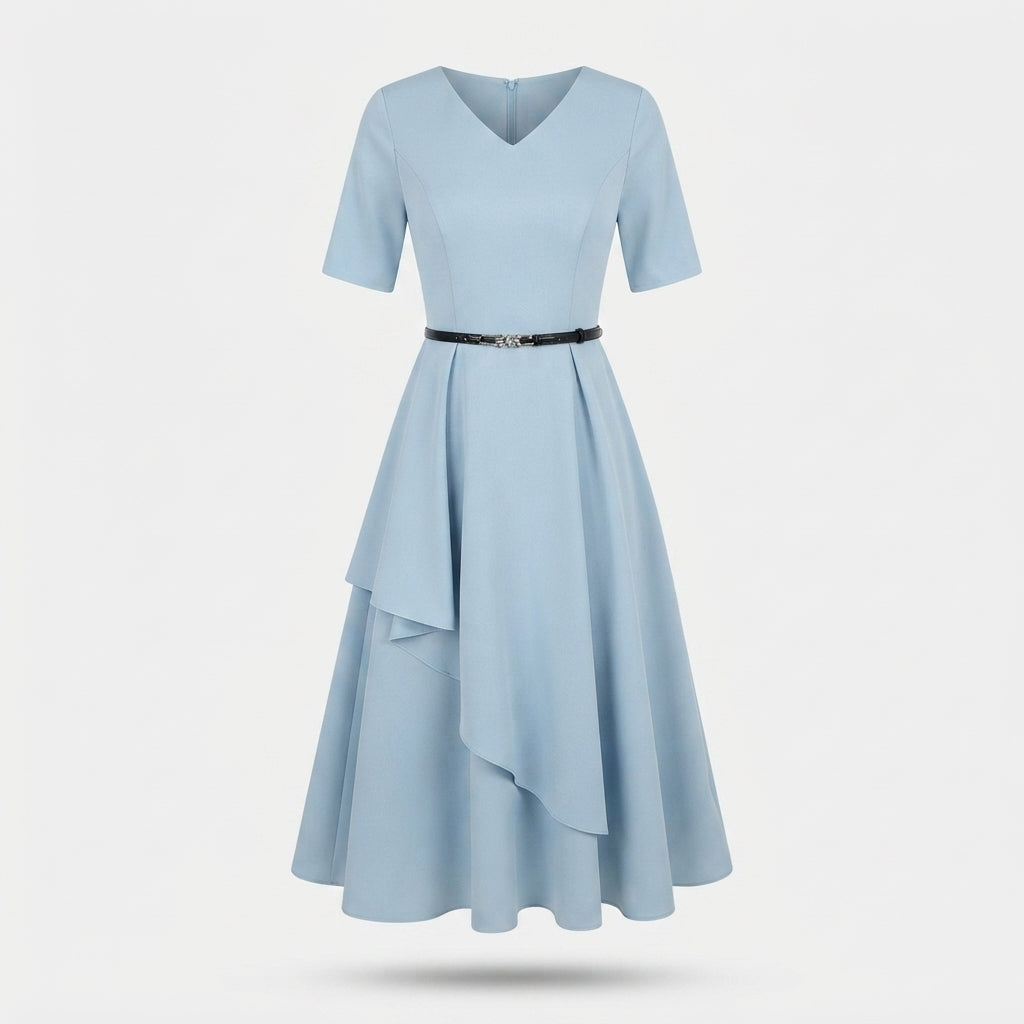 Dress with V-Neck, Short Sleeves and Belted Midi Skirt