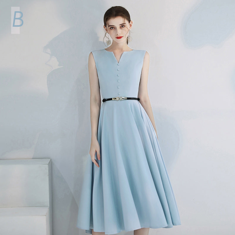 Dress with V-Neck, Short Sleeves and Belted Midi Skirt - Sky Blue B