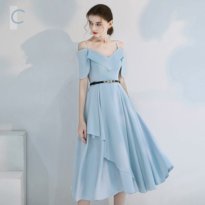 Dress with V-Neck, Short Sleeves and Belted Midi Skirt - Sky Blue C