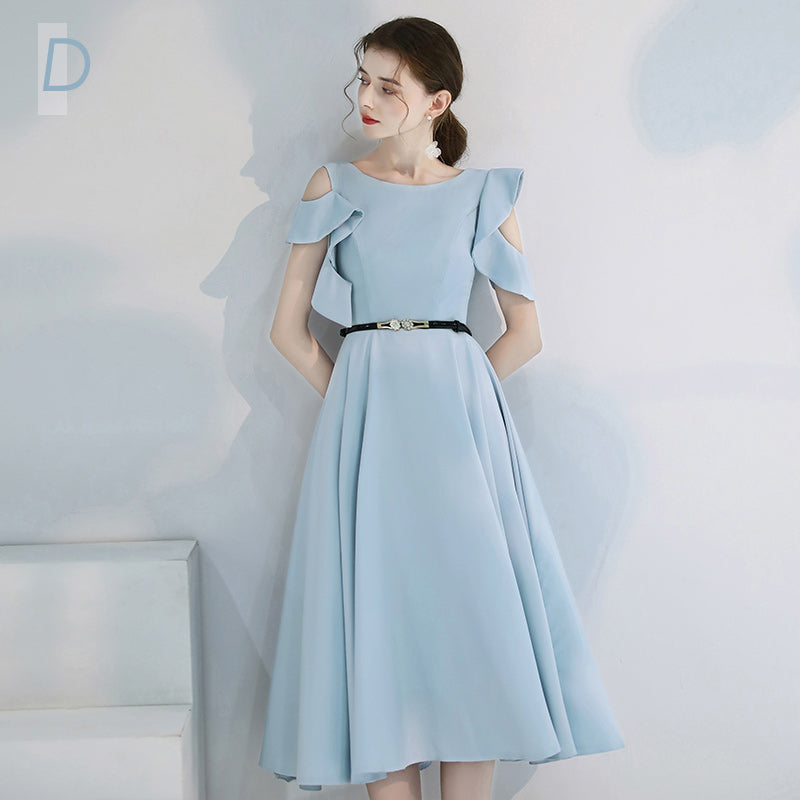 Dress with V-Neck, Short Sleeves and Belted Midi Skirt - Sky Blue D