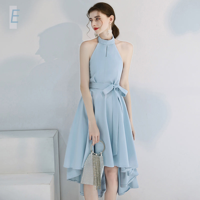 Dress with V-Neck, Short Sleeves and Belted Midi Skirt - Sky BlueE