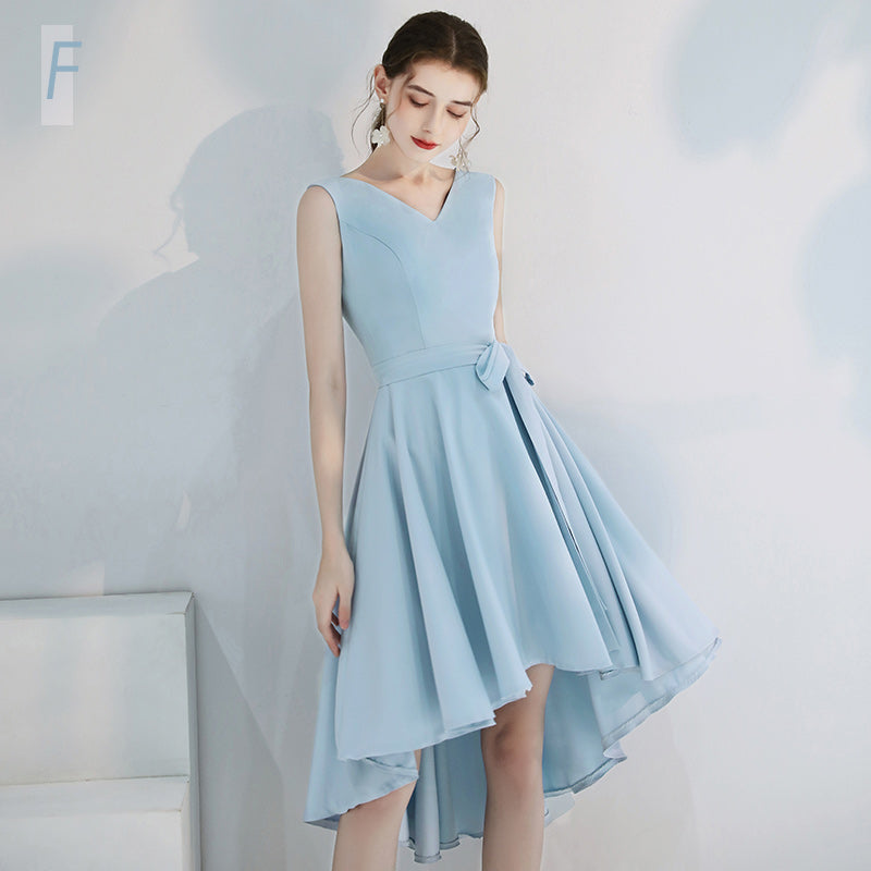 Dress with V-Neck, Short Sleeves and Belted Midi Skirt - Sky BlueF