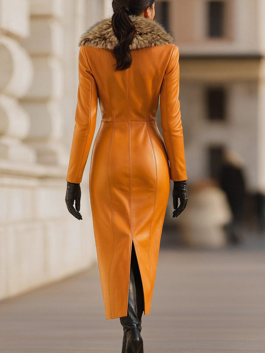 Belted Faux Leather Maxi Dress with Plush Collar - Orange
