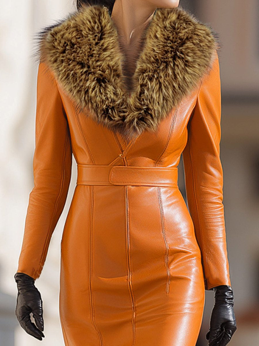 Belted Faux Leather Maxi Dress with Plush Collar - Orange