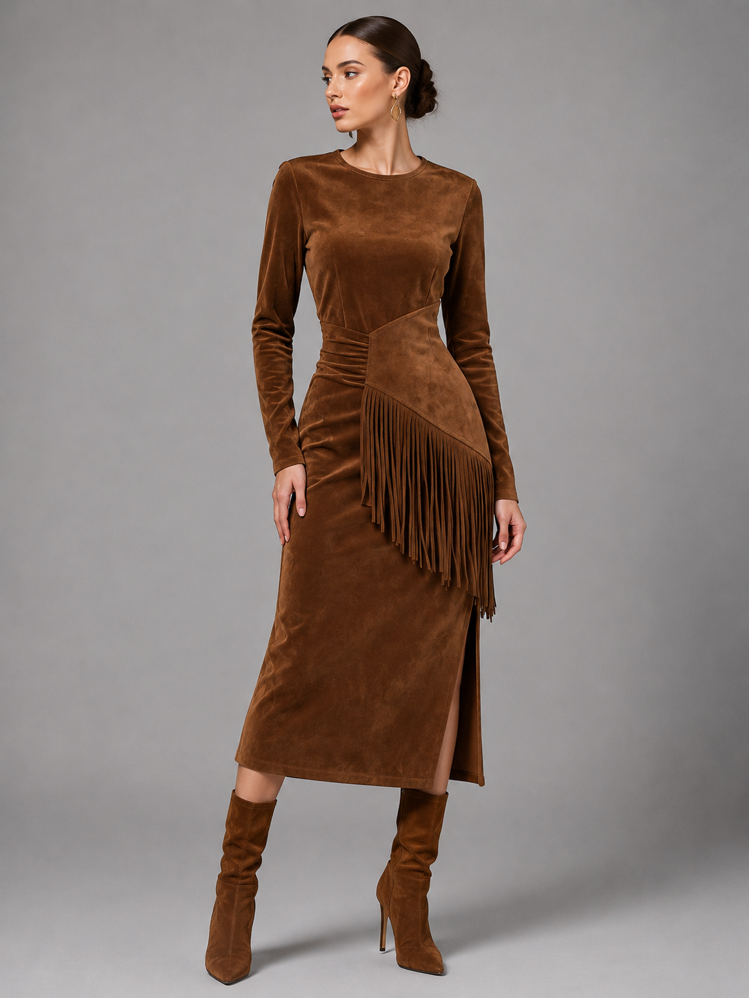 Suede-Look Boat-Neck Midi Dress with Fringe Waist - Brown