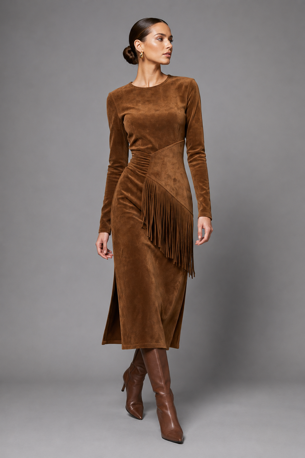 Suede-Look Boat-Neck Midi Dress with Fringe Waist - Brown