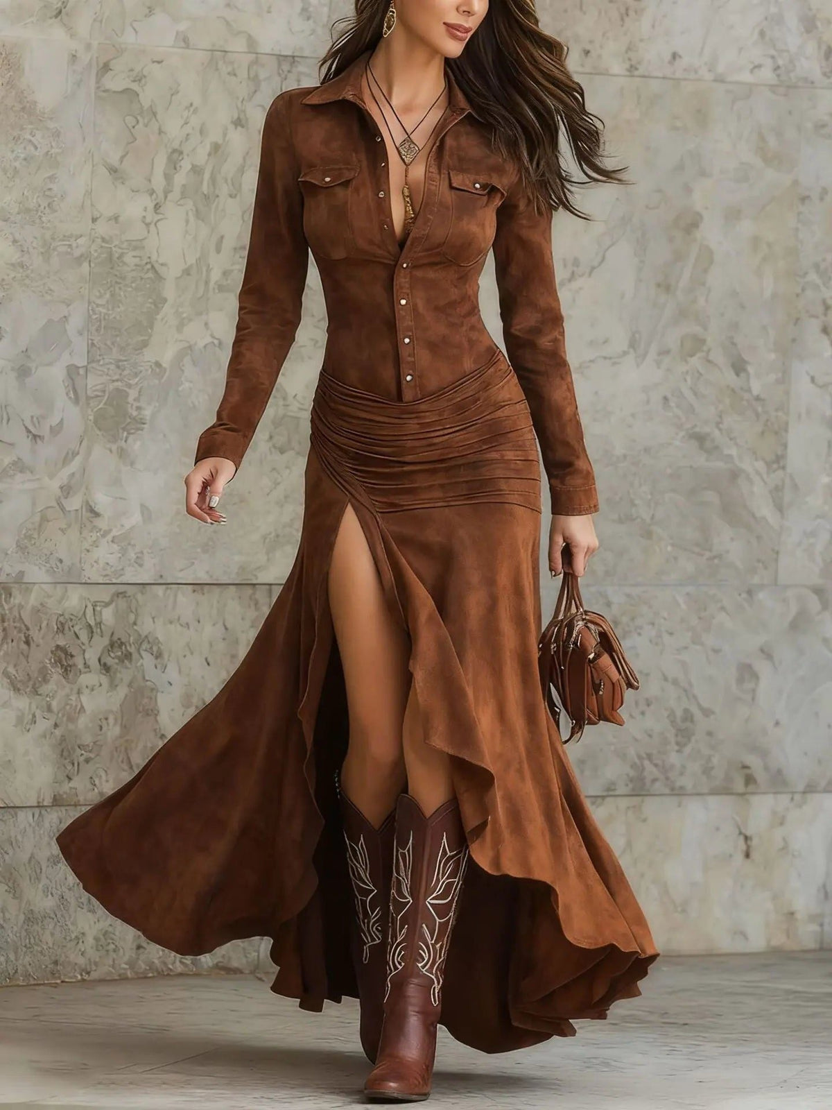 Suede-Look Button-Front Maxi Dress with Tiered Hem - Brown