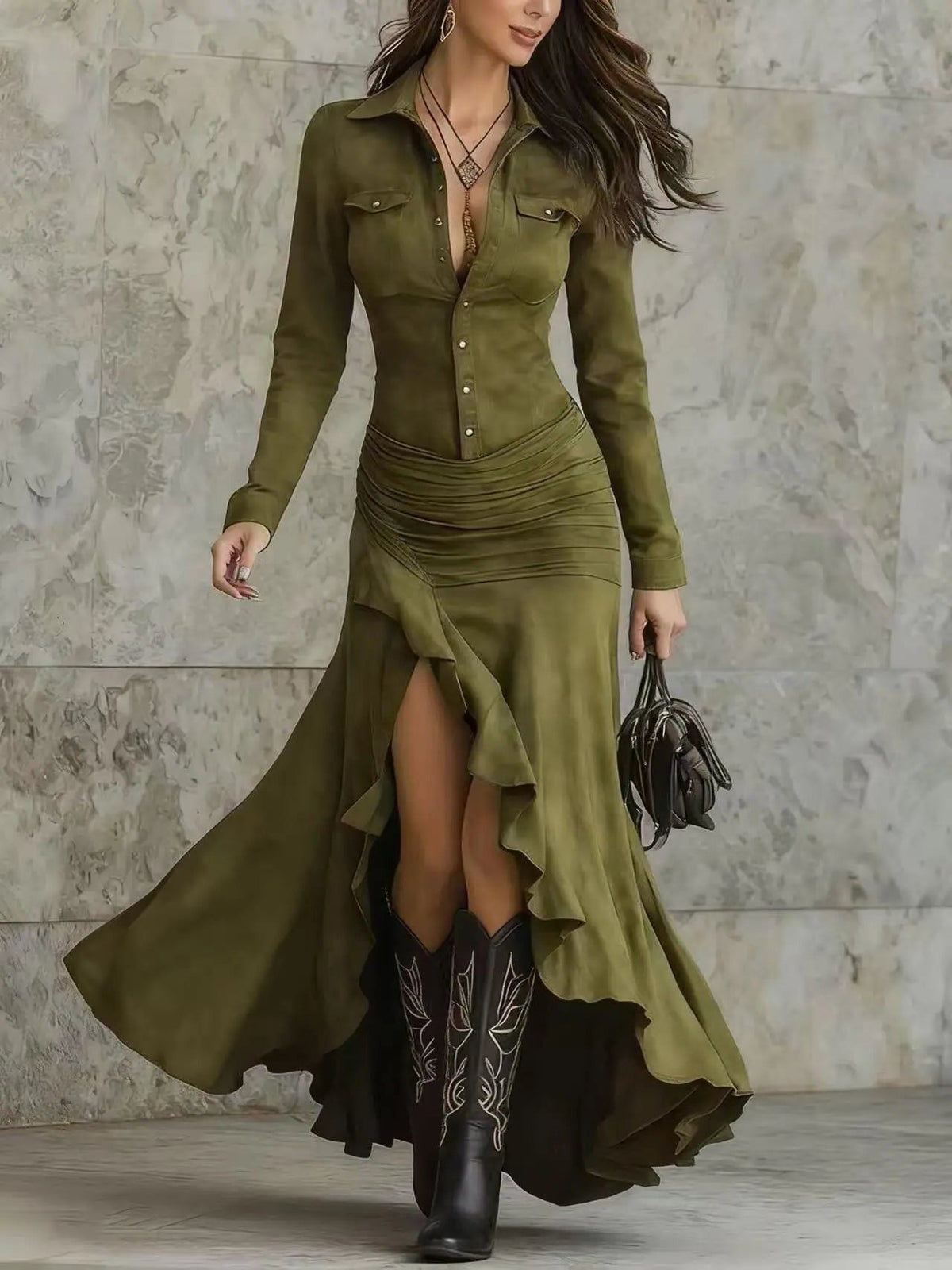 Suede-Look Button-Front Maxi Dress with Tiered Hem - Green