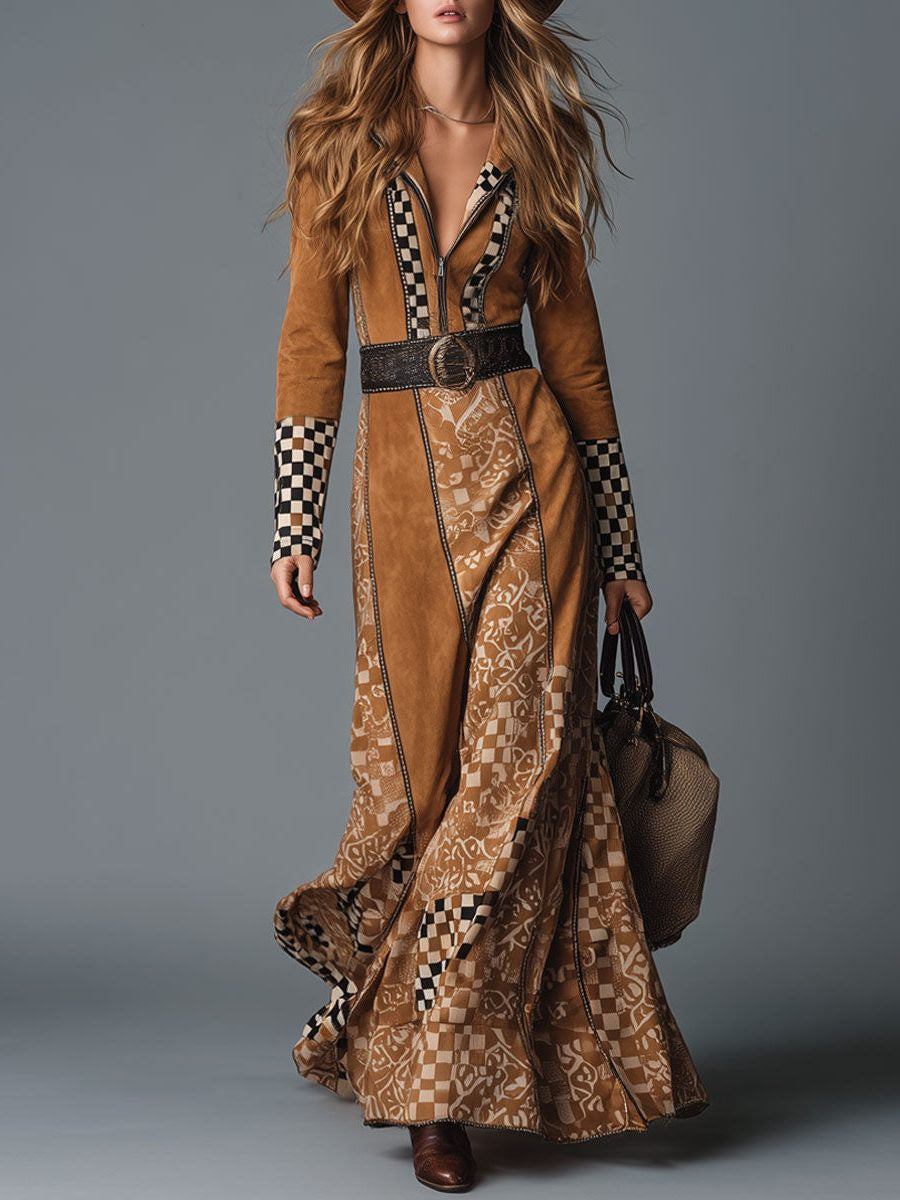 Suede-Look Wrap Maxi Dress with Check Trim - Camel