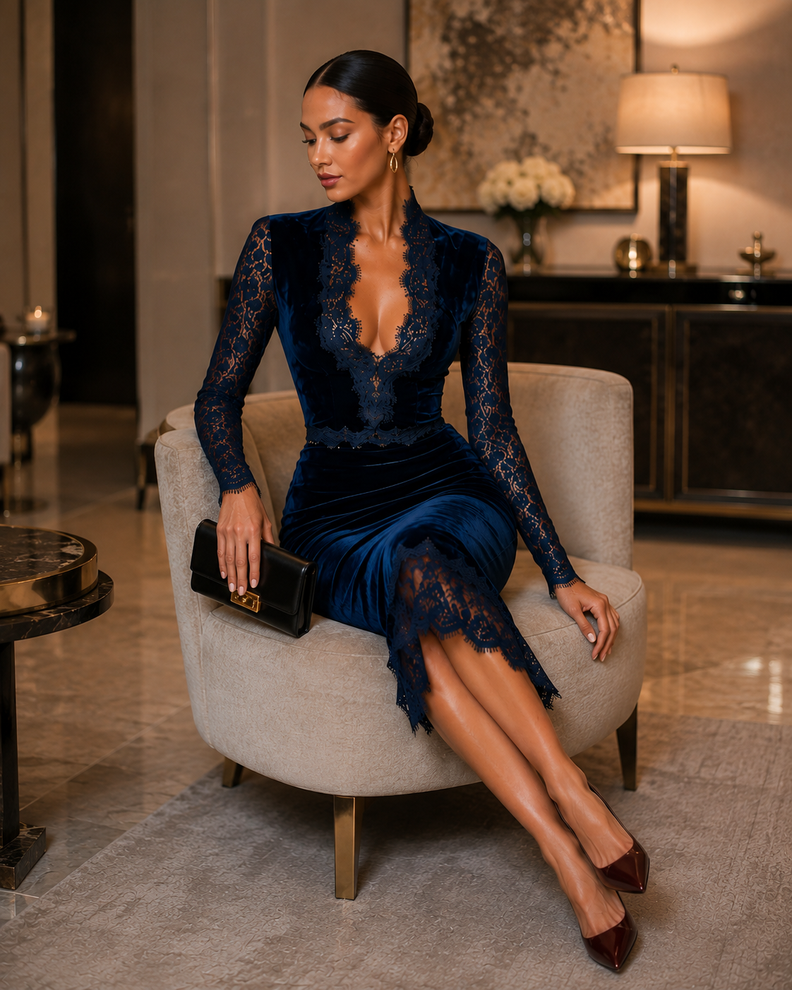 Velvet V-Neck Dress with Lace Sleeves and Hem - Navy Blue