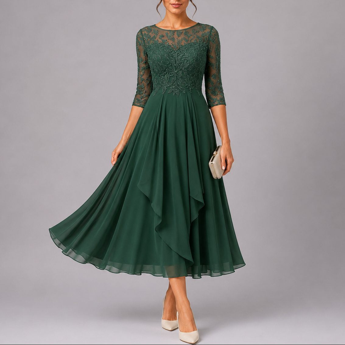 Floral Lace Midi Dress with Three-Quarter Sleeves - Green