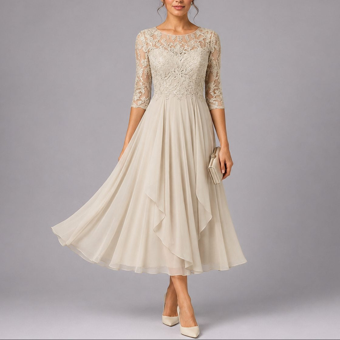 Floral Lace Midi Dress with Three-Quarter Sleeves - Beige