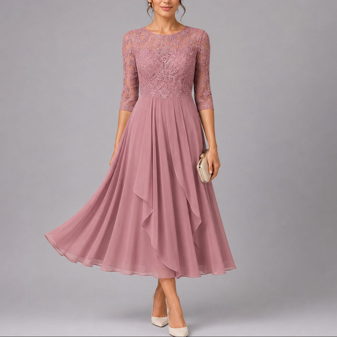 Floral Lace Midi Dress with Three-Quarter Sleeves - Pink
