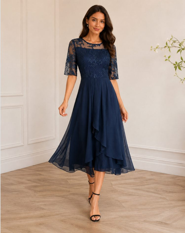 Lace-Bodice Midi Dress with Tiered Skirt - Dark Blue