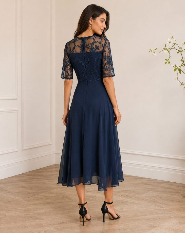 Lace-Bodice Midi Dress with Tiered Skirt - Dark Blue
