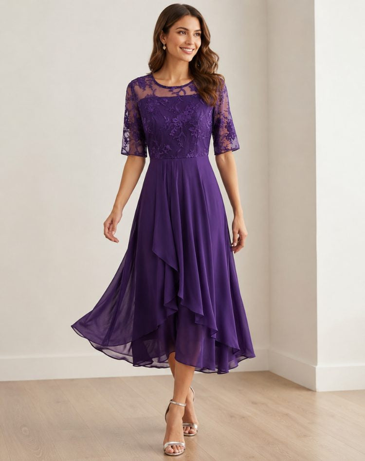 Lace-Bodice Midi Dress with Tiered Skirt - Purple